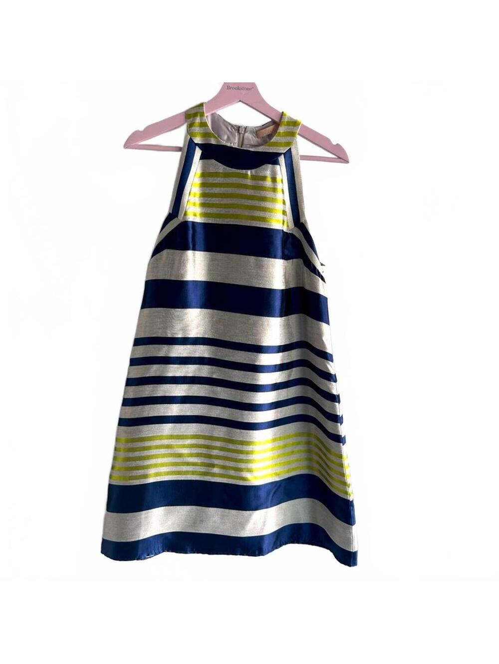 Anthropologie Navy, White & Lime Striped Sleeveless A-Line Dress